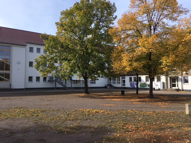 Schulhof mit Bäumen im Herbst