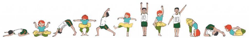 Illustrierte Kinderfiguren in verschiedenen Yoga-Positionen