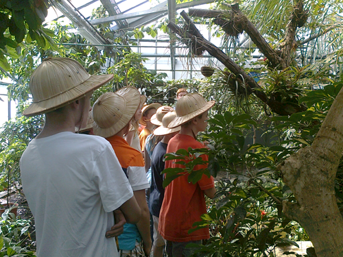Kindergruppe mit Sonnenhüten im Tropenhaus