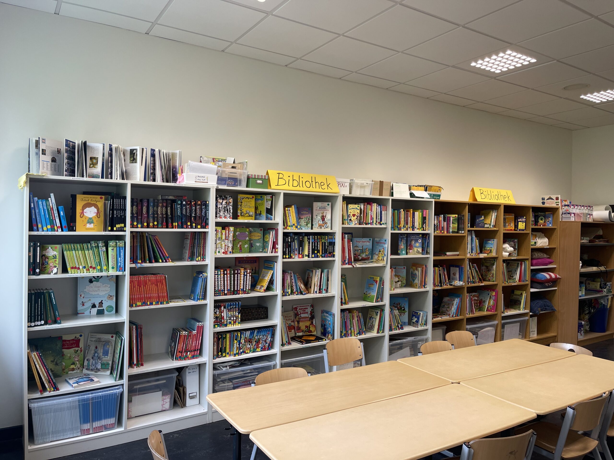 Schulbibliothek mit gefüllten Bücherregalen und Lesetischen
